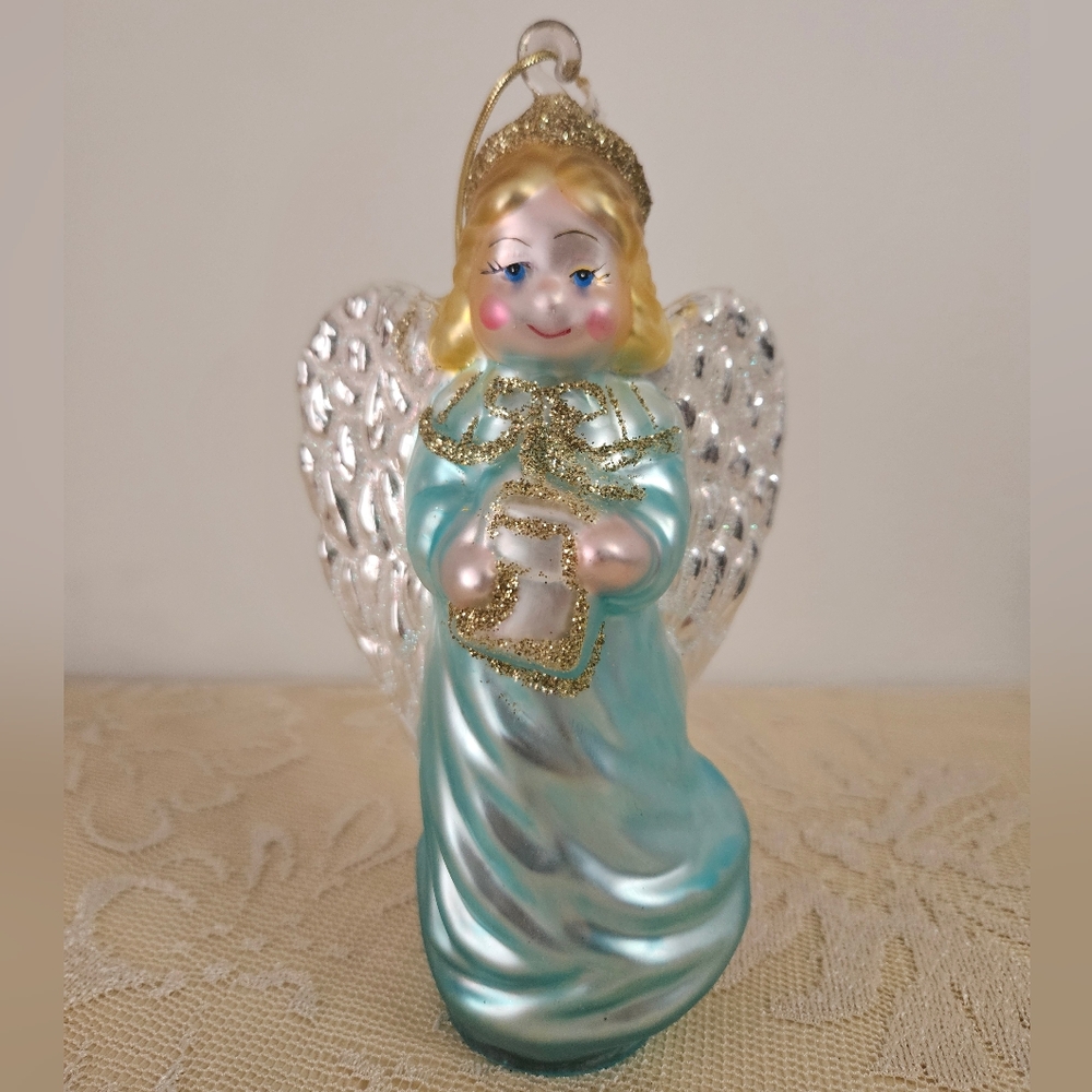 Cherub Angel 6.5" Glass Christmas Ornament with Gold Accents